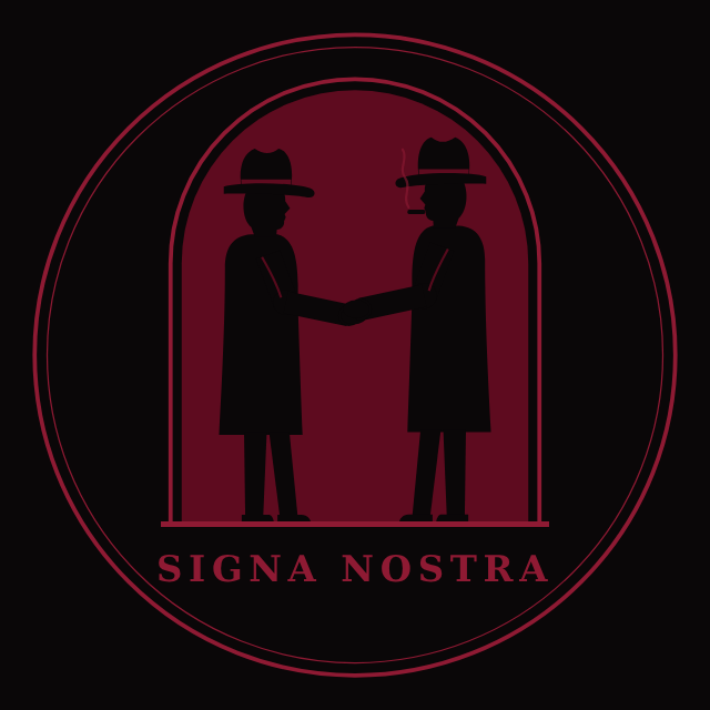 Signa Nostra logo: two men in fedoras shaking hands in a burgundy doorway